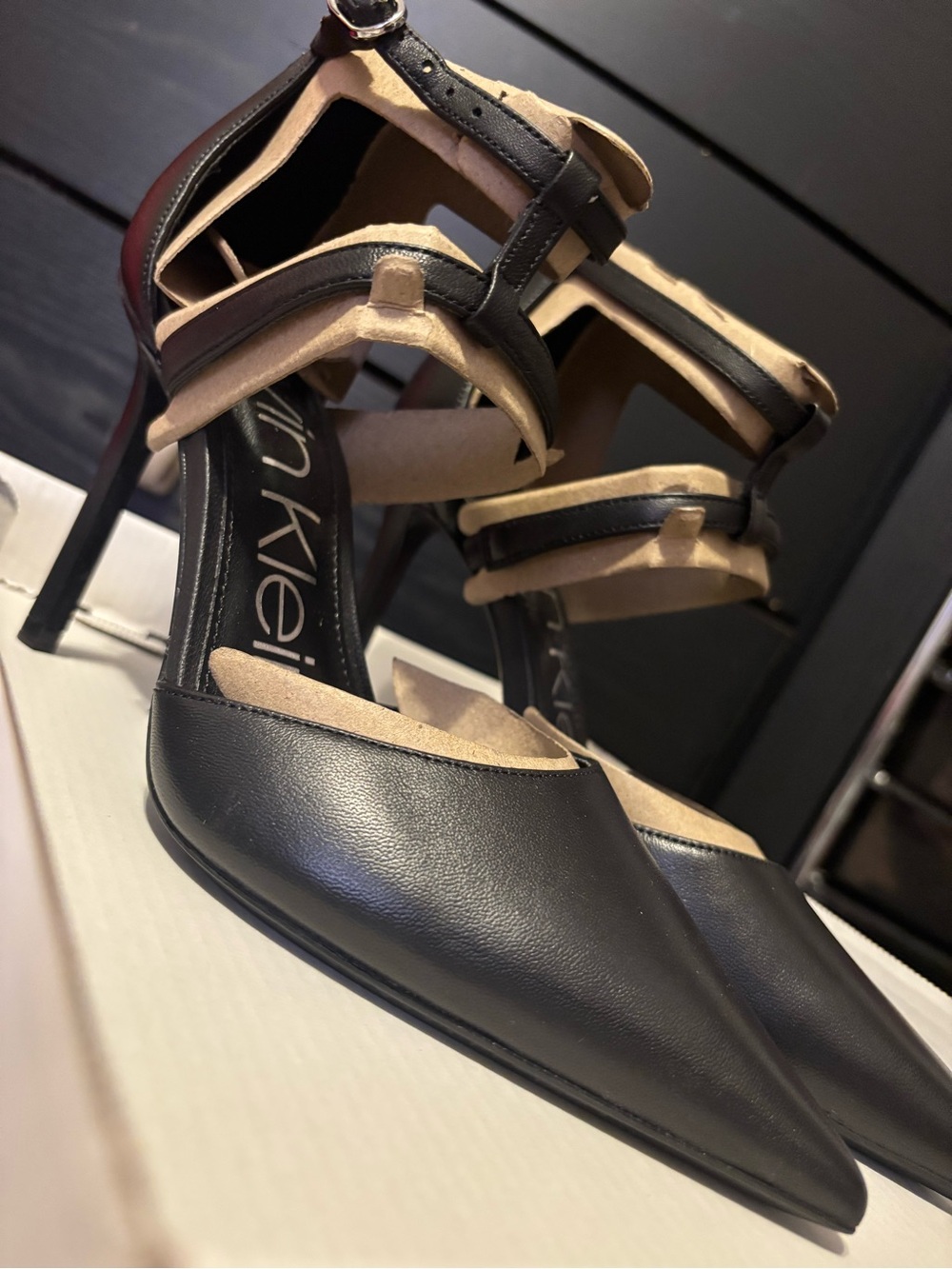 Calvin Klein Black Strappy Pointed-Toe Pumps